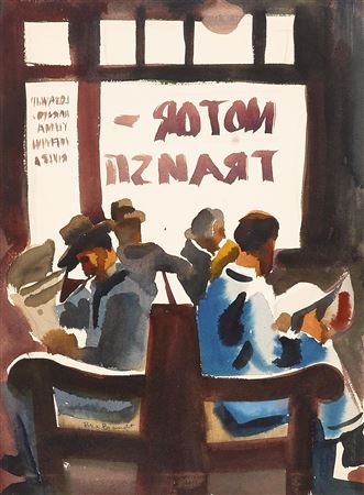 Motor Transit Station by Rex Elson (Rexford) Brandt - Auction record, sale price, and art valuation. Compare with similar artists and explore comparable artworks.