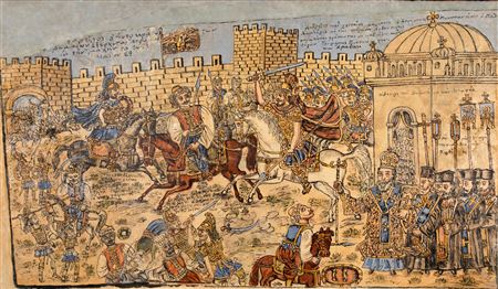 Constantine Paleologos the emperor of the Greco-Romans at the battle of May 23, 1453 by Theofilos Hadjimichail - Auction record, sale price, and art valuation. Compare with similar artists and explore comparable artworks.