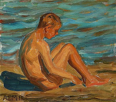 A naked boy at the edge of the water
