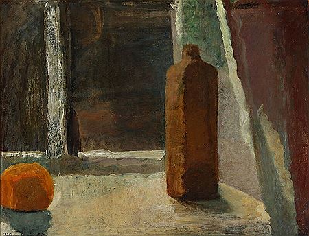 Still life with bottle and orange