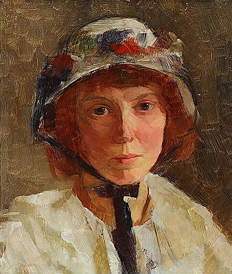 Portrait of a woman wearing a hat embellished with flowers