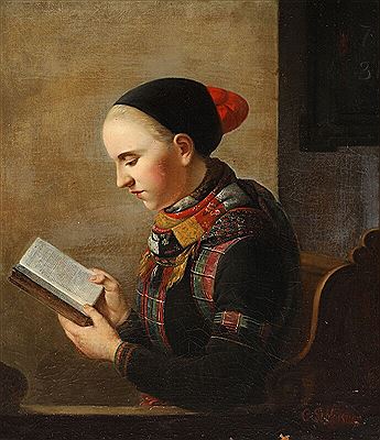 Church interior with a young unmarried woman from Amager holding a hymn book