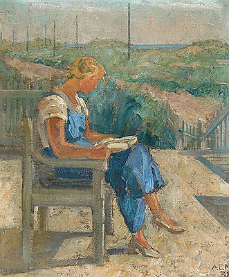 Woman reading in the summer weather by Anna E Munch - Auction record, sale price, and art valuation. Compare with similar artists and explore comparable artworks.