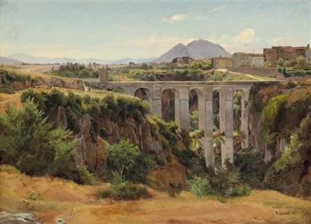 View from Civita Castellana overlooking the aqueduct and the walled city. In the background mountains