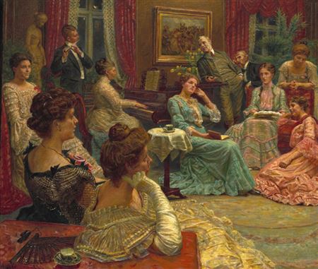 Evening party at the home of the Hagemann family. Mr Hagemann is seen on the far right of the painting and his wife at the piano.