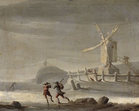 A winter day with ice skaters on a frozen lake.