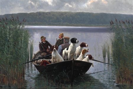 After the duck hunt. The boat with the dogs goes in. by Simon Ludvig Ditlev Simonsen - Auction record, sale price, and art valuation. Compare with similar artists and explore comparable artworks.