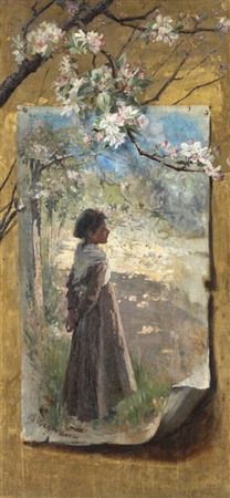 Trompe l'oeil with a little girl standing under a flowering apple tree on a canvas attached to a wall under a flowering apple branch.