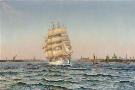 View from Copenhagen Harbour with the training vessel “Danmark”. by Sergius Frost - Auction record, sale price, and art valuation. Compare with similar artists and explore comparable artworks.