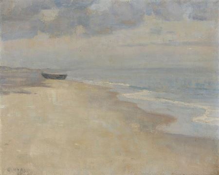 Coastal view with a dinghy drawn up on the shore by Borge Nyrop - Auction record, sale price, and art valuation. Compare with similar artists and explore comparable artworks.