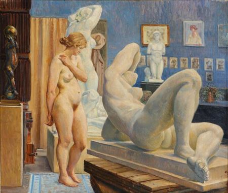 A standing female nude in the artist's studio by Hans Gyde Petersen - Auction record, sale price, and art valuation. Compare with similar artists and explore comparable artworks.