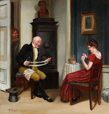 A living room interior with a young lady getting help with the yarn. by Harald Schiodte - Auction record, sale price, and art valuation. Compare with similar artists and explore comparable artworks.
