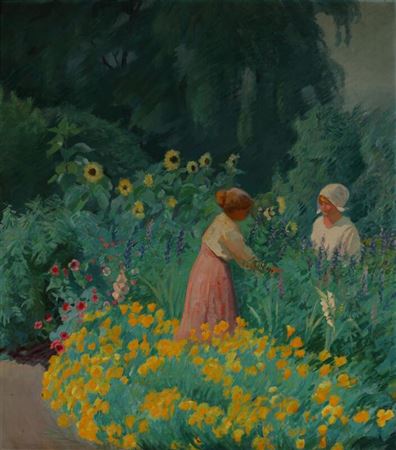 Two women picking flowers in a garden