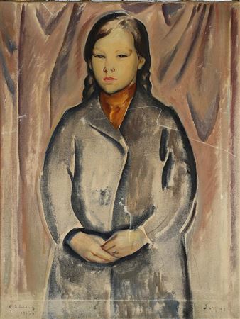 Portrait of a girl with plaits wearing a long, blue coat by Walter Schwartz - Auction record, sale price, and art valuation. Compare with similar artists and explore comparable artworks.