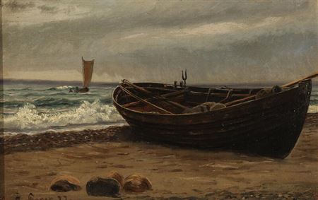 Coastal view from Skagen with a rowing boat drawn up on the beach