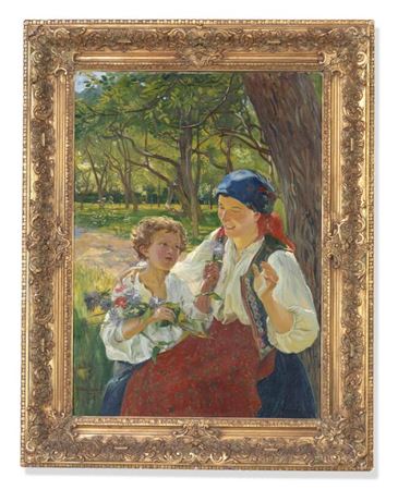 Sunny summer landscape with a boy presenting his mother with a flower
