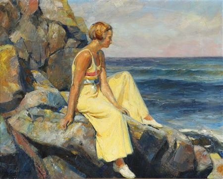 The artist's daugther Signi sitting on the rocks by the ocean, Arild, Kullen.
