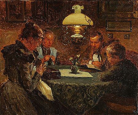 Interior with a family sitting ariund a table
