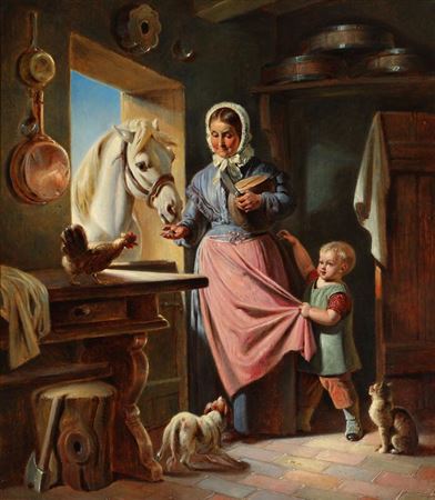 Interior with woman and child feeding a horse