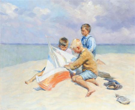 Boys playing with a model ship on the beach