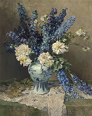 An 18th century European blue and white faience vase with dahlias and delphiniums (ridderspore) by Clara Sivers - Auction record, sale price, and art valuation. Compare with similar artists and explore comparable artworks.