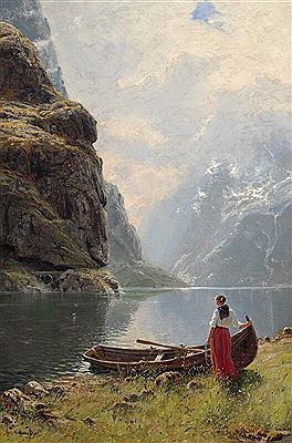 View of a Norwegian fiord from Hardanger, with a young woman at a rowing boat by Hans Andreas Dahl - Auction record, sale price, and art valuation. Compare with similar artists and explore comparable artworks.