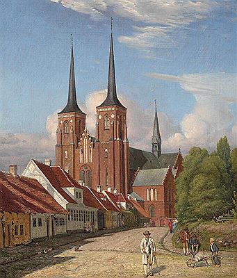 Roskilde Cathedral, seen from southwest. Summer. In the foreground a gentleman in a light coat and hat and a boy with a wheelbarrow