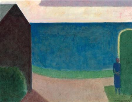 View towards the sea with standing figure, Bornholm