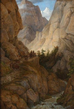 Mountainous landscape with a group of travellers near a river