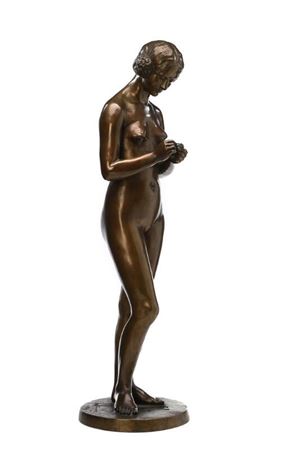 Standing female nude picking the leaves of a flower.