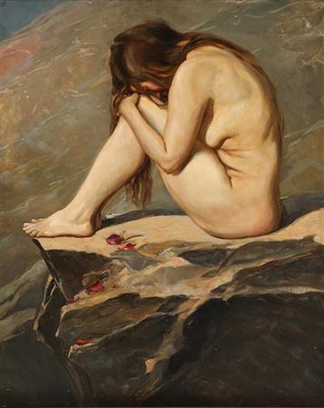 A naked and broken-hearted woman on a rock
