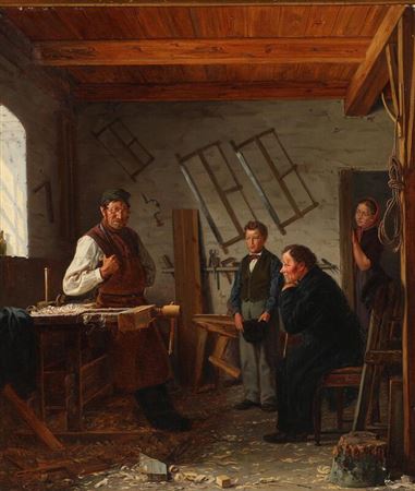 Interior of a carpenter's workshop with an aspiring apprentice and his parents