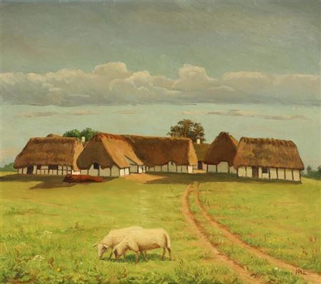 Landscape with farm houses and grazing sheep.