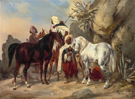 Bedouins and their horses resting by an overhang in the desert
