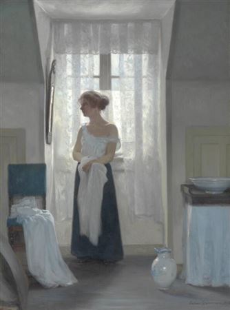 Interior with a young woman at her morning toilette