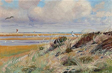 A view of a coast with seagulls in the dunes.