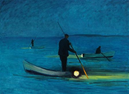 Evening scenery with fishermen catching eels by Thorkild Knudsen - Auction record, sale price, and art valuation. Compare with similar artists and explore comparable artworks.