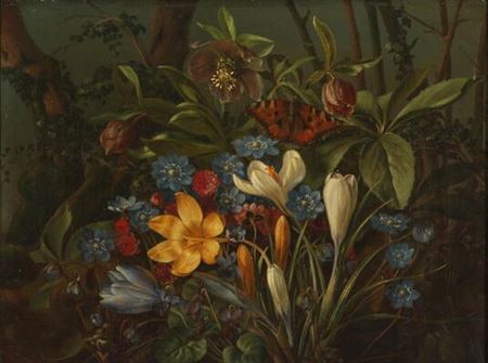 Forest floor with flowers and a butterfly.