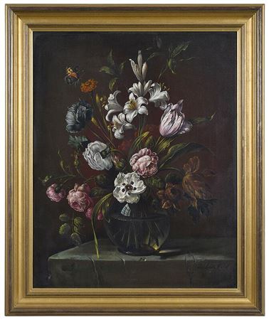 Still Life with Tulips, Lilies, and Roses in a glass vase