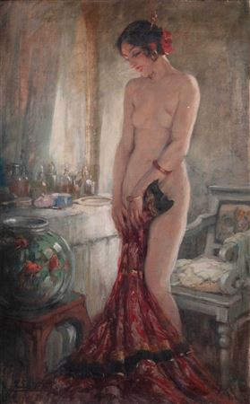 Nude at the fish bowl in interior.