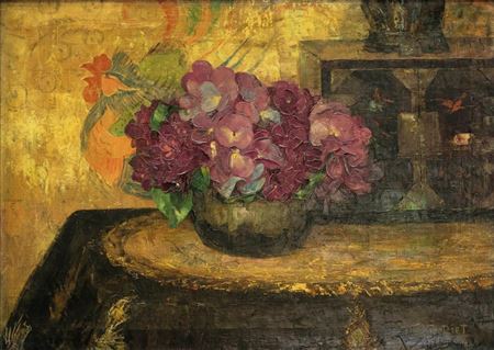 Still life with flowers and Japanese cabinet.