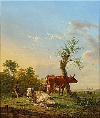 A herdsman with cattle in a landscape, a town beyond