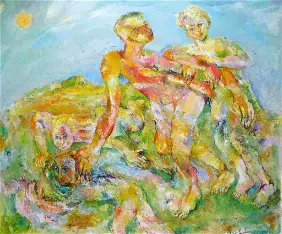 A family playing outside on a bright summer day by Sabina Teichman - Auction record, sale price, and art valuation. Compare with similar artists and explore comparable artworks.