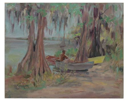 Florida Shoreline with Cypress Boats and Figure