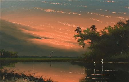Florida Highwayman Pink Sky River Painting with Herons