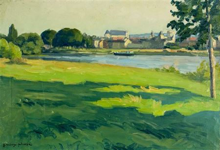 Landscape with Riverside Village by Germain Franck Ernest Raingo-Pelouse - Auction record, sale price, and art valuation. Compare with similar artists and explore comparable artworks.