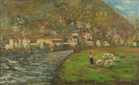 Paesaggio montano con contadina e pecore.
