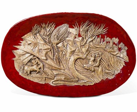 Large oval plate in majolica terracotta with allegorical scene in relief on a red enamel background