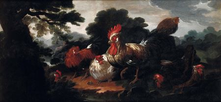 Pair: Landscapes with roosters, hens and doves