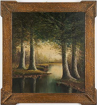 Tennessee landscape painting depicting a stream flowing through a grove of beech trees.